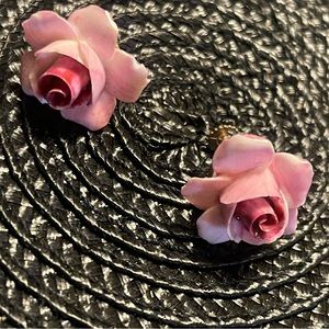 Vintage pink enamel rose clip earrings.